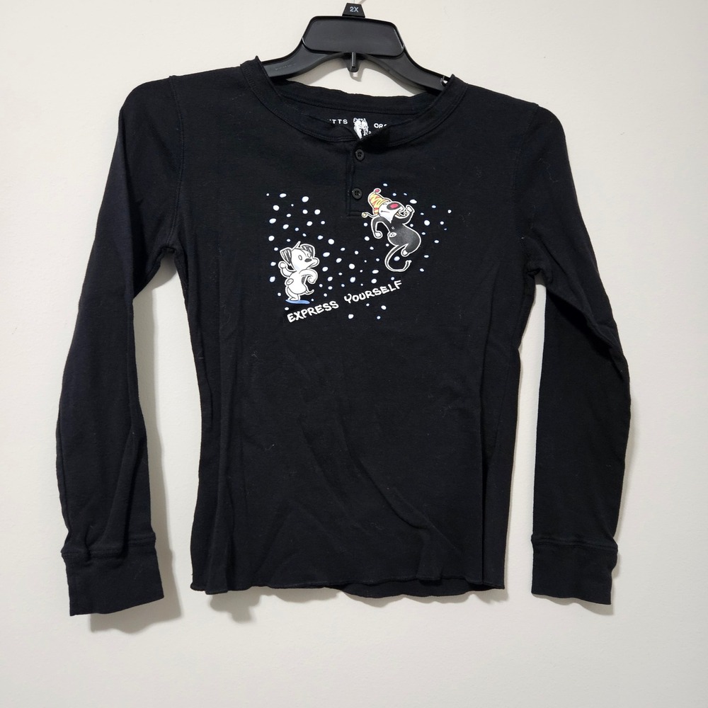 Mutts Organic Black Henley Long Sleeve Shirt Express Yourself Graphic Womens‎ L